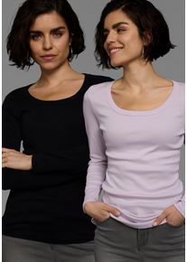 Langarmshirt Flashlights, Damen, Gr. 32/34 (XS), lila (flieder, schwarz), Feinripp, Obermaterial: 100% Baumwolle, clean, unifarben, Basic, sehr figurbetont Po-bedeckend, Rundhals, Shirts Langarmshirt, sehr figurbetonter Schnitt, Rundhalsausschnitt, aus 100% Baumwolle, Topseller