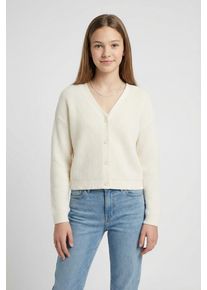 Strickjacke Tom Tailor, M&auml;dchen, Gr. 176, wei&szlig; (wool wei&szlig;), Strick, Obermaterial: 100% Polyester, unifarben, regular fit h&uuml;ftlang, V-Ausschnitt, Strickb&uuml;ndchen, Strickjacken Strickjacke, mit V-Ausschnitt und Knopfleiste