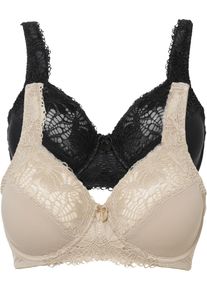 Minimizer-BH bonprix "Minimizer-BH mit gepolsterten Tr&auml;gern (2er Pack)", Damen, Gr. 95, Cup D, beige (kreidebeige, schwarz), Obermaterial: 80% Polyamid, 20% Elasthan. Futter: 100% Baumwolle. Spitze: 87% Polyamid, 13% Elasthan, BHs Minimizer-BH, Minimizer-Passform, mit gepolsterten Tr&auml;gern, mit edler Spitze