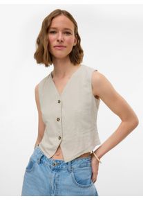 V&eacute;ro Moda Kurzweste VERO MODA "VMCAIA SL VEST WVN NOOS", Damen, Gr. XS, beige (silber lining), Web, Obermaterial: 90% Baumwolle, 10% Leinen, unifarben, normal, V-Ausschnitt, Westen Kurzweste, Baumwolle mit Leinen, figurbetonte Form