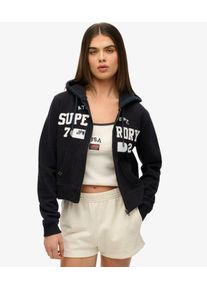 Superdry Damen Baumwolle Logo Druck Verk&uuml;rzte Athletic Essentials Relaxed Kapuzenjacke, Marineblau & Wei&szlig; - Gr&ouml;&szlig;e: 42 210262300075998T020
