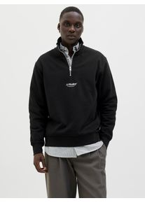 Jack & Jones Sweatshirt JACK & JONES "JJESOHO SWEAT QUARTER ZIP HN NOOS", Herren, Gr. S, schwarz, angeraute Sweatware, Obermaterial: 80% Baumwolle, 20% Polyester, bedruckt, relaxed fit normal, hoch geschlossener Ausschnitt, Rippb&uuml;ndchen, Sweatshirts Sweatshirt, Baumwollmischung, relaxed fit