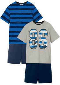 Shorty bonprix "Shorty mit weicher Baumwolle (4-tlg. Set)", Jungen, Gr. 152/158, blau (blau gestreift, dunkelblau, grau meliert bedruckt, schwarz), Jersey, Obermaterial: 95% Baumwolle, 5% Viskose. Obermaterial 2: 100% Baumwolle, bedruckt, geringelt, gestreift, unifarben, Basic kurz, Rundhals, Homewear-Sets Shorty, lockere Passform, aus Baumwolle und Viskose, 4-teiliges Set, Topseller
