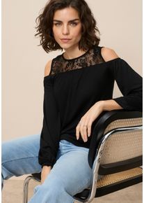 Langarmshirt Laura Scott, Damen, Gr. 34, schwarz, Single Jersey, Obermaterial: 95% Viskose, 5% Elasthan. Spitze: 100% Polyester, unifarben, l&auml;ssig geschnitten h&uuml;ftbedeckend, Rundhals, mit Gummizug, Shirts Langarmshirt, l&auml;ssig geschnitten, Langarm, femininer Stil, Topseller