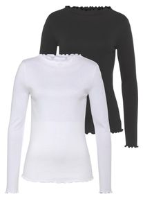 Langarmshirt Flashlights, Damen, Gr. 50, schwarz-wei&szlig; (schwarz, wei&szlig;), Feinripp, Obermaterial: 100% Baumwolle, clean, unifarben, Basic, sehr figurbetont, gekr&auml;uselter Ausschnitt, Shirts Langarmshirt, sehr figurbetonte Passform, gekr&auml;uselter Ausschnitt