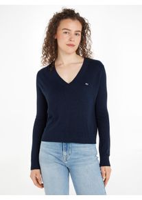 Strickpullover Tommy Jeans "TJW ESSENTIAL VNECK SWEATER EXT", Damen, Gr. XS (34), blau (schwarz night navy melange), Strick, Obermaterial: 53% Baumwolle, 40% Viskose, 7% Polyamid, meliert, Basic, regular fit h&uuml;ftlang, V-Ausschnitt, B&uuml;ndchen, Pullover Strickpullover, mit Logostickerei