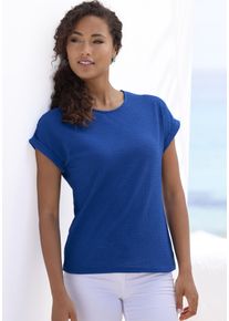 T-Shirt Vivance "mit modischer Struktur", Damen, Gr. 48/50, blau (royalblau), Strick, Obermaterial: 65% Polyester (REPREVE), 35% Baumwolle, Strukturmuster, unifarben, Basic, bequem, Rundhals, mit Aufschlag Aufschlag, Shirts T-Shirt, aus b&uuml;gelfreier Qualit&auml;t mit Baumwolle, Topseller