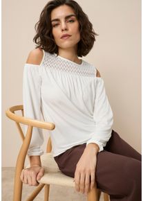 Langarmshirt Laura Scott, Damen, Gr. 42, sanftes wei&szlig;, Single Jersey, Obermaterial: 95% Viskose, 5% Elasthan. Spitze: 95% Polyester, 5% Elasthan, unifarben, l&auml;ssig geschnitten h&uuml;ftbedeckend, Rundhals, mit Gummizug, Shirts Langarmshirt, l&auml;ssig geschnitten, Langarm, femininer Stil, Topseller