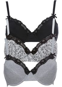 B&uuml;gel-BH bonprix "BH mit B&uuml;gel mit Baumwolle (3er Pack)", Damen, Gr. 75, Cup C, schwarz (schwarz, hellgrau meliert gebl&uuml;mt, schwarz, hellgrau meliert), Obermaterial: 95% Baumwolle, 5% Elasthan. Futter: 100% Baumwolle. Spitze: 90% Polyamid, 10% Elasthan, BHs B&uuml;gel-BH, mit B&uuml;gel, mit Haken- und &Ouml;senverschluss, aus Baumwolle