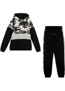 Langarmshirt & Hose bonprix "Sweatshirt & Jogginghose", Jungen, Gr. 176/182, schwarz (schwarz bedruckt), Sweatware, Obermaterial: 100% Baumwolle. Besatz: 95% Baumwolle, 5% Elasthan. Einsatz: 85% Baumwolle, 15% Polyester, bedruckt, KOB Set-Artikel Langarmshirt & Hose, mit Tarn-Print, Colorblocking-Eins&auml;tzen und mit bequemen Rippb&uuml;ndchen