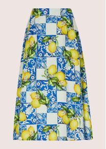 Madeleine Mode Midirock MADELEINE "Faltenrock Midirock mit Zitronen-Design", Damen, Gr. 40, blau (nachtblau, multicolor), Obermaterial: 55% Leinen LI. 45% Viskose CV., Modern, A-Linie, R&ouml;cke Midirock, weit schwingender Druckrock in Midil&auml;nge