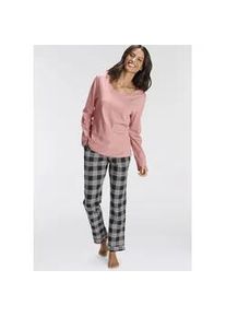 H.I.S. Pyjama H.I.S, Damen, Gr. 36, rosa (dunkelrosa, schwarz, grau, kariert), Single Jersey, Obermaterial: 100% Baumwolle, Basic lang, Rundhals, Homewear-Sets Pyjama, mit karierter Schlafhose