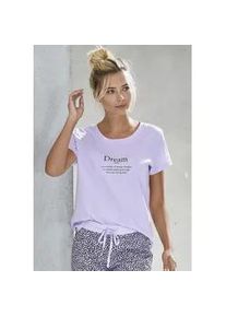Pyjamaoberteil Vivance DREAMS, Damen, Gr. 32/34, lila (violett), Single Jersey, Obermaterial: 100% Baumwolle, unifarben, Basic h&uuml;ftlang, Rundhals, abgesteppte Kante, Shirts, mit Statementdruck