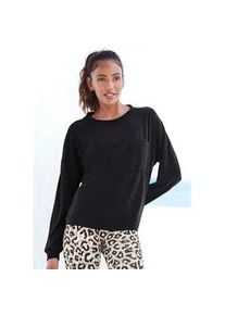 Pyjamaoberteil Lascana, Damen, Gr. 32/34, schwarz, Single Jersey, Obermaterial: 60% Polyester, 36% Viskose, 4% Elasthan, unifarben, oversize h&uuml;ftlang, Rundhals, weit B&uuml;ndchen, Shirts, in kuschelweicher Qualit&auml;t