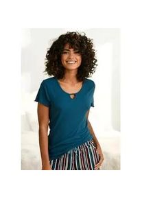 Pyjamaoberteil s.Oliver, Damen, Gr. 36/38, blau (petrol), Feinripp, Obermaterial: 63% Polyester, 33% Viskose, 4% Elasthan, unifarben, Basic, k&ouml;rpernah normal, Rundhals, eingesetzt Babylock, Shirts, aus geripptem Stoff mit Kr&auml;usels&auml;umen