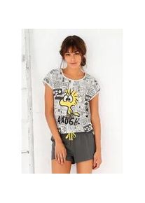 Shorty PEANUTS, Damen, Gr. 36/38, bunt (grau, anthrazit), Single Jersey, Obermaterial: 100% Baumwolle, bequem kurz, Rundhals, eingesetzt, Homewear-Sets Shorty, mit Woodstock-Comicprint