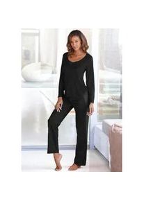 Pyjama Lascana, Damen, Gr. 32/34, schwarz, Single Jersey, Obermaterial: 100% Viskose, unifarben, bequem lang, V-Ausschnitt, abgesteppte Kante, Homewear-Sets Pyjama, mit Details aus Spitze