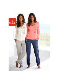 Pyjama Vivance DREAMS, Damen, Gr. 44/46, bunt (ecru, grau, meliert, koralle, marine), Single Jersey, Graumeliert (Obermaterial): 90% Baumwolle, 10% Polyester. Obermaterial: 100% Baumwolle, unifarben mit Farbeinsatz, lang, Homewear-Sets Pyjama, mit seitlichem Print, Topseller