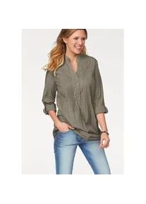 Longbluse Aniston CASUAL, Damen, Gr. 38, gr&uuml;n (helloliv), Web, Obermaterial: 100% Baumwolle, unifarben, figurumspielend ca. Mitte Oberschenkel, Rundhals, 1-Knopf-Manschette krempelbar, Blusen Longbluse, mit dekorativer Biesenverarbeitung