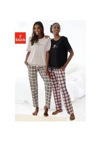 Pyjama Vivance DREAMS, Damen, Gr. 52/54, bunt (schwarz, schwarz, wei&szlig;, kariert, rosa, rosa, schwarz, kariert), Single Jersey, Obermaterial: 100% Baumwolle, loose fit lang, Rundhals, eingesetzt Overlocknaht kontrastfarben, Homewear-Sets Pyjama, im Doppelpack mit Karomuster
