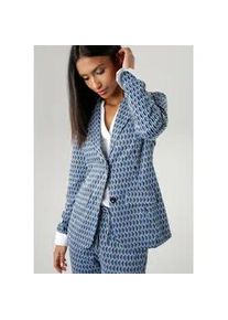 Kurzblazer Aniston SELECTED, Damen, Gr. 44, blau (blau, schwarz, sanftes wei&szlig;), Jersey, Obermaterial: 74% Polyester, 22% Viskose, 4% Elasthan, Jacquardmuster, gemustert, figurbetont h&uuml;ftlang, Blazer Kurzblazer, mit grafischem Allover-Muster