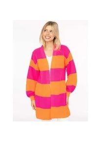 Cardigan Zwillingsherz "Katja", Damen, bunt (pink orange), Strick, Obermaterial: 70% Polyacryl, 30% Wolle, colorblocking, bequem ca. Mitte Oberschenkel, V-Ausschnitt, Rippstrickb&uuml;ndchen, Strickjacken, One Size, Wollanteil, Langarm, Blockstreifen, ohne Verschluss