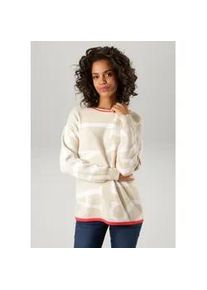 Strickpullover Aniston CASUAL, Damen, Gr. 34, beige (beige, wollwei&szlig;, rot), Strick, Obermaterial: 50% Viskose, 26% Polyamid, 24% Polyester, Jacquardmuster, gemustert, figurumspielend h&uuml;ftbedeckend, Rundhals, Rippstrickb&uuml;ndchen, Pullover Strickpullover, mit eingestrickten Aniston-Schriftz&uuml;gen