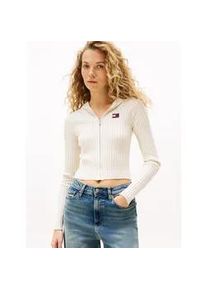 Tommy Hilfiger Kapuzenstrickjacke TOMMY JEANS "TJW HOOD ZIPPER RIB CARDIGAN", Damen, Gr. M (38), beige (ecru), Strick, Obermaterial: 88% Viskose, 12% Polyester, unifarben, figurbetont normal, Rundhals, Strickjacken