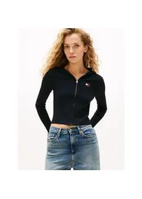 Tommy Hilfiger Kapuzenstrickjacke TOMMY JEANS "TJW HOOD ZIPPER RIB CARDIGAN", Damen, Gr. XS (34), schwarz, Strick, Obermaterial: 88% Viskose, 12% Polyester, unifarben, figurbetont normal, Rundhals, Strickjacken