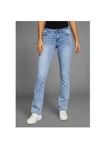 Bootcut-Jeans Arizona "Ultra-Stretch", Damen, Gr. 46, N-Gr, blau (bleached), Denim/Jeans, Obermaterial: 74% Baumwolle, 24% Polyester, 2% Elasthan, Basic, extraeng lang, Jeans, normale Passform, Baby-Bootcut, Used-Look-Waschung