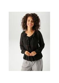 Schlupfbluse Aniston CASUAL, Damen, Gr. 46, schwarz, Georgette, Obermaterial: 100% Polyester, leicht transparent, unifarben, l&auml;ssig geschnitten h&uuml;ftlang, V-Ausschnitt, Raglan&auml;rmel 1-Knopf-Manschette, Blusen Schlupfbluse, mit R&uuml;schen am V-Ausschnitt und im Vorderteil