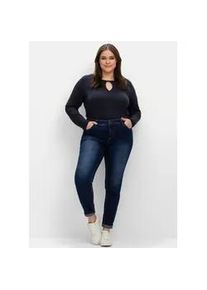 Stretch-Jeans sheego, Damen, Gr. 92, Langgr&ouml;&szlig;en, blau (dunkelblau denim), 74% Baumwolle, 22% Polyester, 3% Viskose, 1% Elasthan, unifarben, lang, Jeans