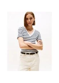 T-Shirt Tommy Hilfiger "SLIM CODY V-NK SS mit V-Ausschnitt und Streifen", Damen, Gr. L (40), blau (breton, ecu, schwarz night navy), Jersey, Obermaterial: 100% Baumwolle, unifarben, slim fit h&uuml;ftlang, tiefer V-Ausschnitt, abgesteppt, Shirts T-Shirt, Baumwolle, slim fit
