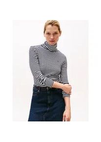 Langarmshirt Tommy Hilfiger "SLIM 5X2 RIB ROLL-NK LS", Damen, Gr. L (40), schwarz night navy, ecru stp, Rippware, Obermaterial: 95% Viskose, 5% Elasthan, gestreift, Basic, schmal h&uuml;ftlang, Rundhals, abgesteppte Kante, Shirts Langarmshirt, in gerippter Struktur