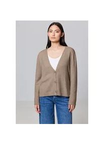 Cardigan STREET ONE STUDIO, Damen, Gr. 46, beige (sandstone beige meliert), Web, 37% Baumwolle, 34% Polyacryl, 26% Polyester, 3% Elasthan, unifarben, normal normal, V-Ausschnitt, abgesteppt, Strickjacken, im Basic-Style