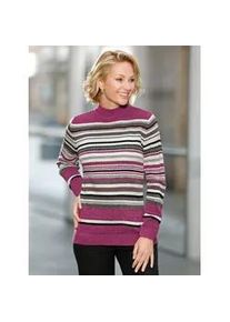 Stehkragenpullover Classic Basics "Pullover", Damen, Gr. 44, beige (erika, ecru, geringelt), 83% Polyacryl, 17% Polyester, gemustert, gestreift, mehrfarbig, Pullover Stehkragenpullover