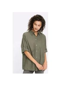 Hemdbluse Heine, Damen, Gr. 44, khaki, 55% Leinen, 45% Baumwolle, unifarben, Rundhals, Blusen Hemdbluse