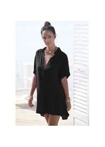 Longbluse Lascana, Damen, Gr. 44, schwarz, Cr&ecirc;pe, Obermaterial: 100% Viskose, unifarben, figurumspielend kurz, mit Aufschlag, Blusen Longbluse, mit Knopfleiste, Kurzarmbluse, Blusenkleid, sommerlich