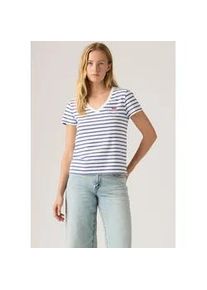 Levi's V-Shirt LEVI'S "PERFECT VNECK", Damen, Gr. L (40), hellwei&szlig; sunshine blau, Single Jersey, Obermaterial: 100% Baumwolle, gestreift, figurbetont normal, V-Ausschnitt, Shirts, mit Mini-Batwing-Logostickerei