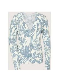 Madeleine Mode Strickjacke MADELEINE "Strickjacke Florale Feinstrickjacke mit V-Ausschnitt", Damen, Gr. 44/46, blau (rauchblau, wollwei&szlig;), Obermaterial: 71% Viskose CV. 29% Polyamid PA., Modern, gerade, Strickjacken Strickjacke, Individueller Druckverlauf