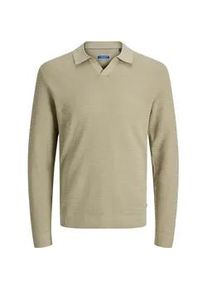 Jack & Jones Polokragenpullover JACK & JONES "JPRBLURILEY KNIT SPLIT NECK LS SN", Herren, Gr. S, lemon pepper detail:twist, Strick, Obermaterial: 100% Baumwolle, unifarben, normal, V-Ausschnitt, Pullover