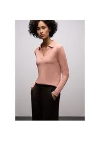 Langarm-Poloshirt Street One, Damen, Gr. 38, light apricot meliert, Jersey, Obermaterial: 96% Baumwolle, 4% Elasthan, unifarben, tailliert h&uuml;ftbedeckend, V-Ausschnitt, Shirts, in Melange-Optik und mit Ripp-Struktur