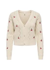 Strickjacke Only "ONLBIRTIE LS EMB V-NECK CARDIGAN KNT", Damen, Gr. XS, ecru detail:barbad cherry, laurel wre, cherry emb, Strick, Obermaterial: 60% Baumwolle, 40% Polyacryl, unifarben, regular fit normal, V-Ausschnitt, Rippstrickb&uuml;ndchen, Strickjacken Strickjacke, mit Stickerei