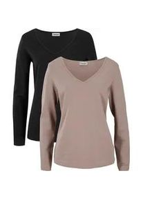 Langarmshirt bonprix "Figurbetontes Langarmshirt (2er Pack)", Damen, Gr. 52/54 (XXL), braun (taupe, schwarz), Jersey, Obermaterial: 95% Baumwolle, 5% Elasthan, unifarben, slim fit normal, tiefer V-Ausschnitt, Shirts Langarmshirt, Slim fit Passform, mit V-Ausschnitt, aus Baumwolle und Elasthan