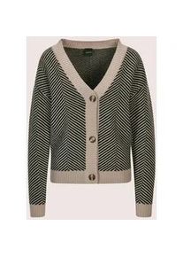 Madeleine Mode Strickjacke MADELEINE "Strickjacke Cardigan aus Schurwolle mit V-Ausschnitt", Damen, Gr. 44/46, schwarz (cappuccino, schwarz), Obermaterial: 100% Schurwolle WV., Modern, normal, Strickjacken Strickjacke, Strickjacke mit Jacquardmuster