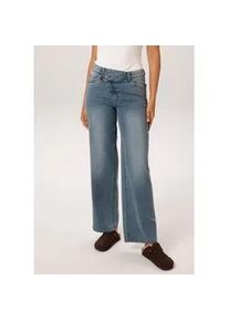 Straight-Jeans Aniston CASUAL, Damen, Gr. 46, N-Gr, blau used, Denim/Jeans, Obermaterial: 81% Baumwolle, 17% Polyester, 2% Elasthan, Abriebeffekte, figurumspielend lang, Jeans Straight-Jeans, mit extravaganten, asymmetrischem Verschluss - NEUE KOLLEKTION
