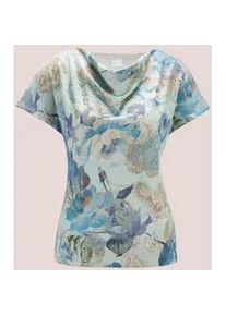 Madeleine Mode Longpullover MADELEINE "Pullover Pullover mit Unikat-Druck", Damen, Gr. 40/42, gr&uuml;n (hellsalbeigr&uuml;n, multicolor), Obermaterial: 71% Polyester PES. 29% Viskose CV., Modern, normal, Pullover Longpullover