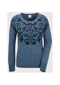 Madeleine Mode Longpullover MADELEINE "Strickpullover Eleganter Jacquard-Pullover mit Rundhals", Damen, Gr. 44/46, blau (rauchblau, nebelblau), Obermaterial: 57% Polyacryl PAN. 29% Polyamid PA. 7% Viskose CV. 7% Wolle mw., Modern, Pullover Longpullover, kontrastfarbiger Jacquard