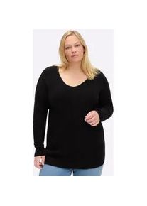 V-Ausschnitt-Pullover sheego "Pullover", Damen, Gr. 56/58, tiefblau, meliert, 55% Polyacryl, 36% Polyester, 5% Wolle, 4% Elasthan, unifarben, Pullover