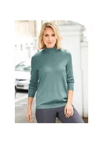 Rundhalspullover GOLDNER "Eleganter Ajourpullover mit Stehbund", Damen, Gr. 48, gr&uuml;n (graugr&uuml;n), Obermaterial: 100% Polyacryl PAN., Pullover Rundhalspullover, aufwendiger Ajourstrick in Zopfoptik